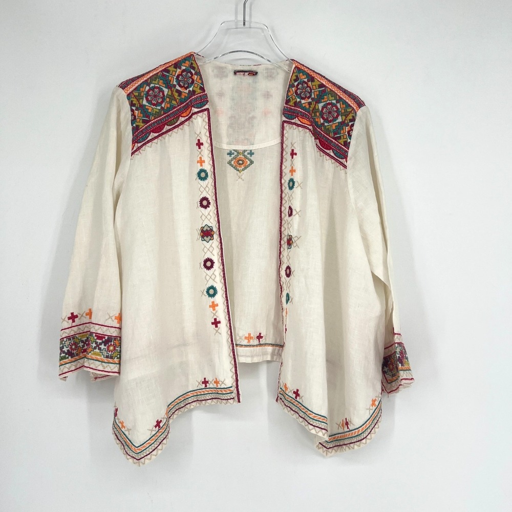 Johnny Was Cardigan womens L Embroidered Linen‎ Boho Hippie Indie Festival Beach